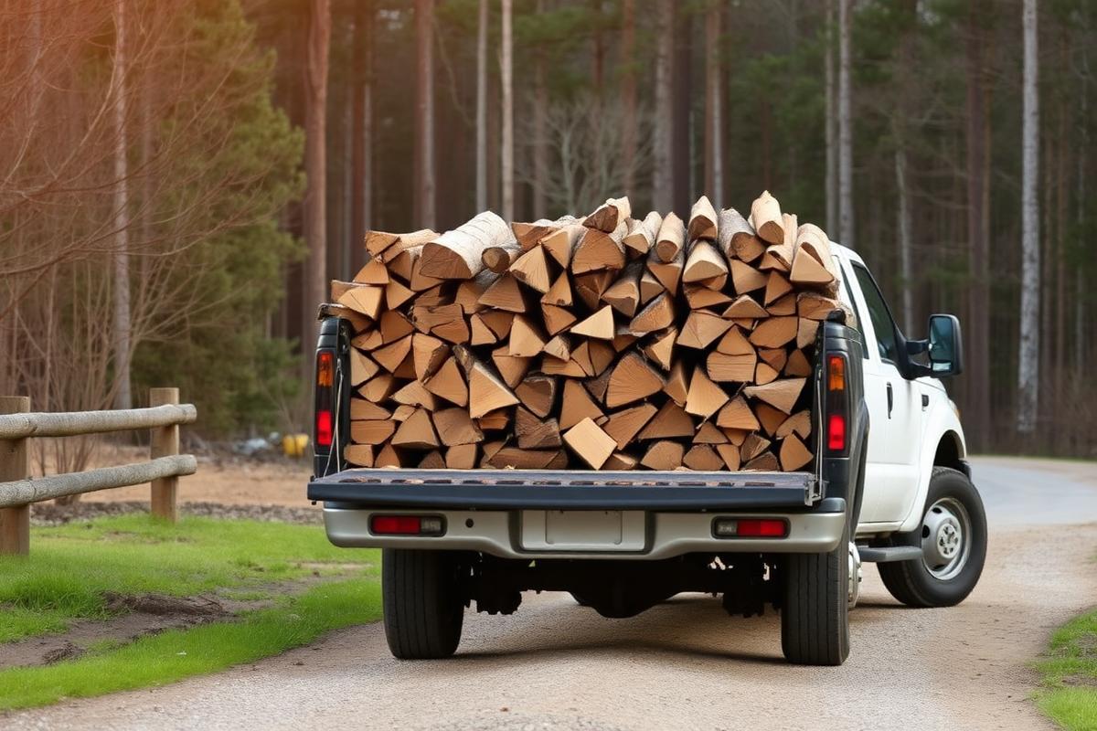 Pickup truck loaded with split firewood on a rural driveway