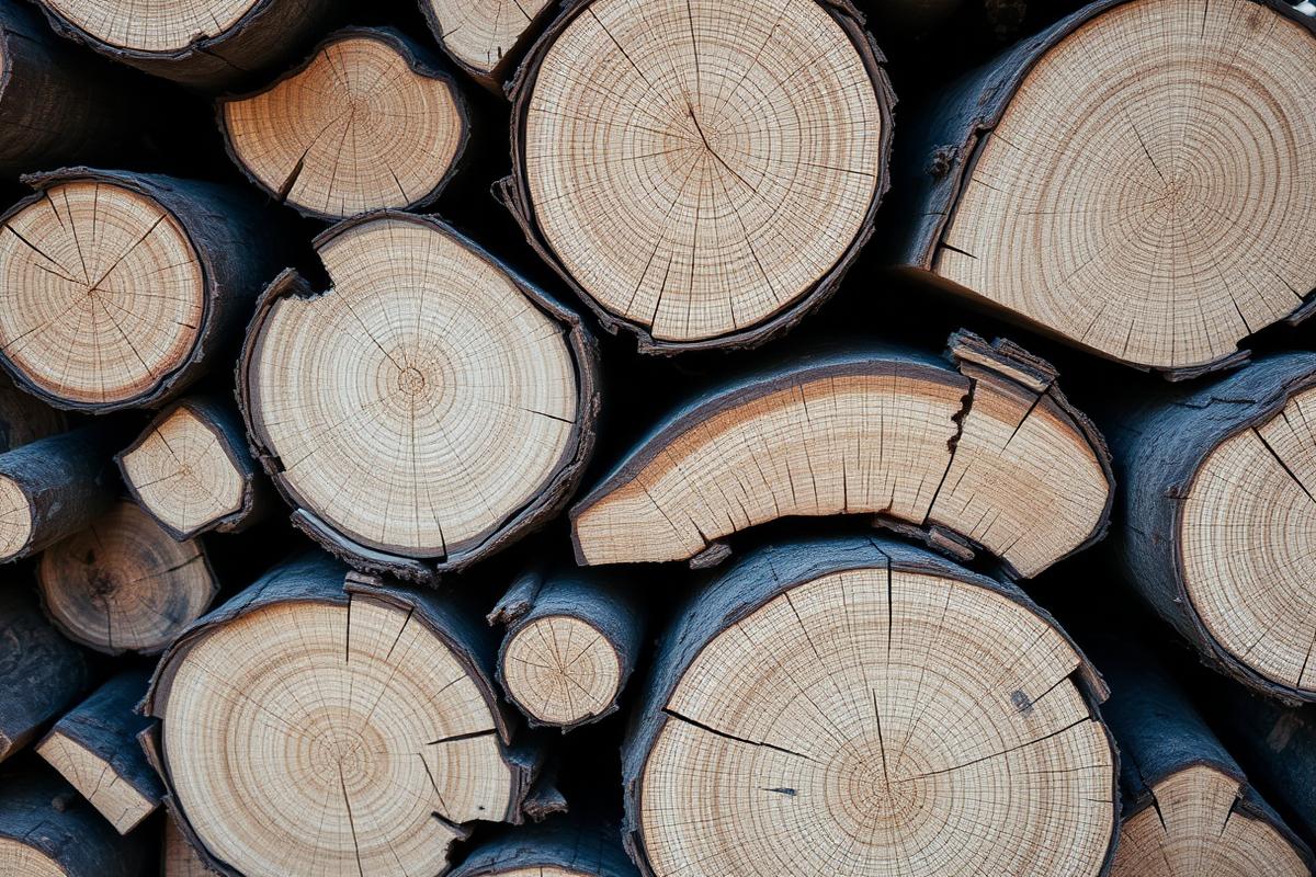 Close-up of seasoned split hardwood log ends